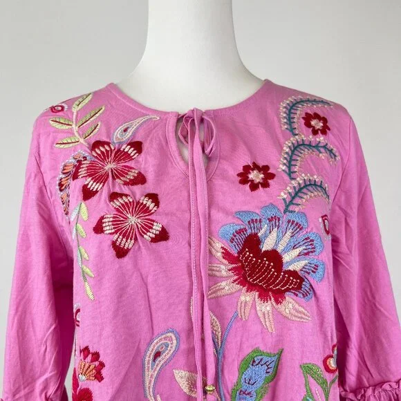 NWOT JOHNNY WAS Freyde Cotton Embroidered Floral Tee 3/4 Sleeves Shirt Size S - Picture 3 of 14